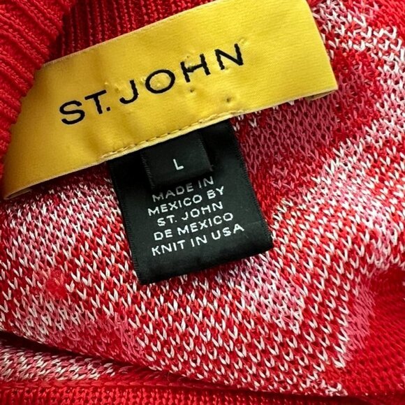 St. John red white abstract print zipper jacket sweater size L - Picture 4 of 4